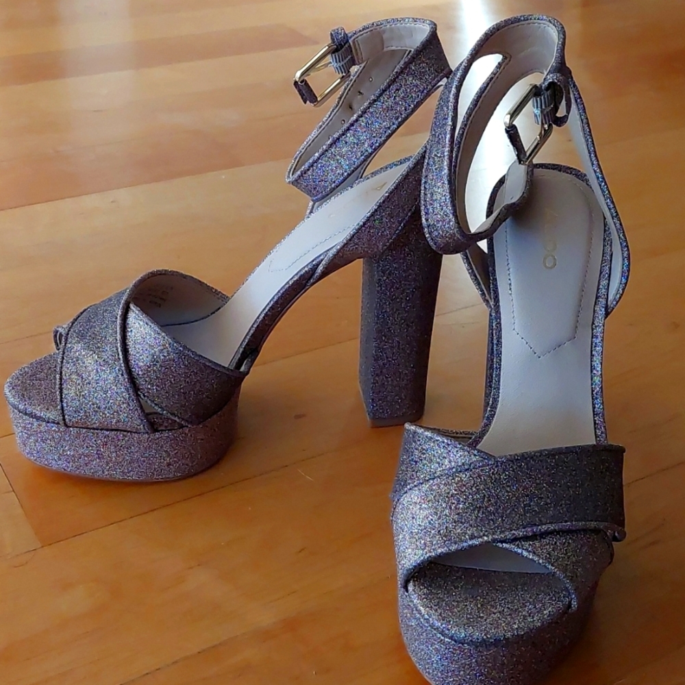 Aldo Glyndwr Disco Glitter Platform Heels 6.5 Pink Silver